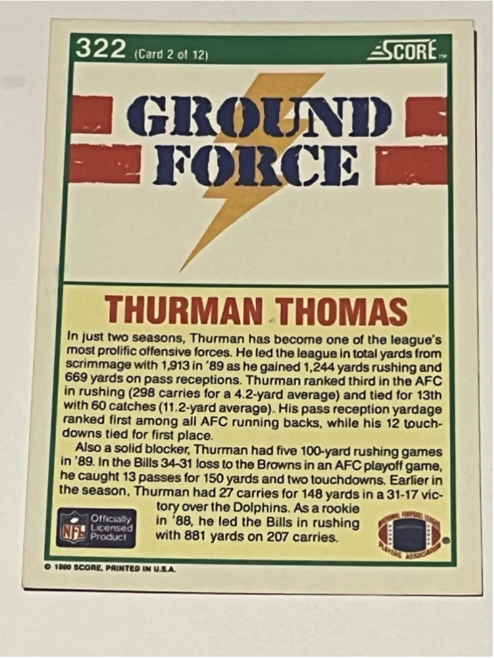 1990 Score Football Thurman Thomas Ground Force Buffalo Bills #322